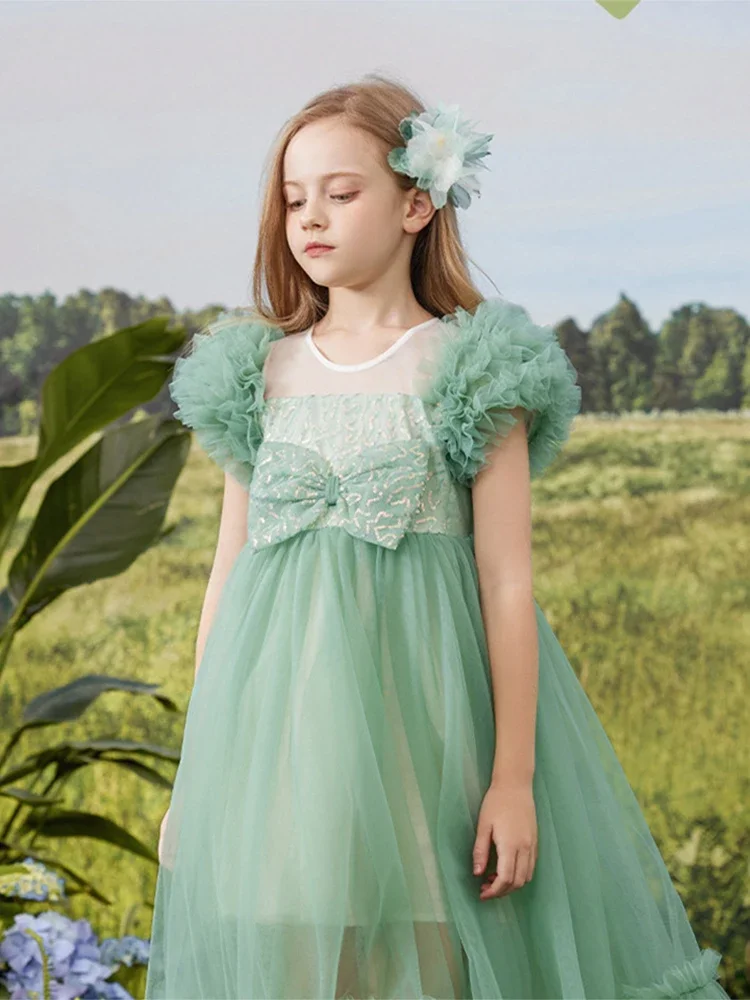 2023 Girl Princess Dress Casual Kids Tulle Green Elegant Dresses Infants Fashion Ceremony From First Communion Clothes for Child