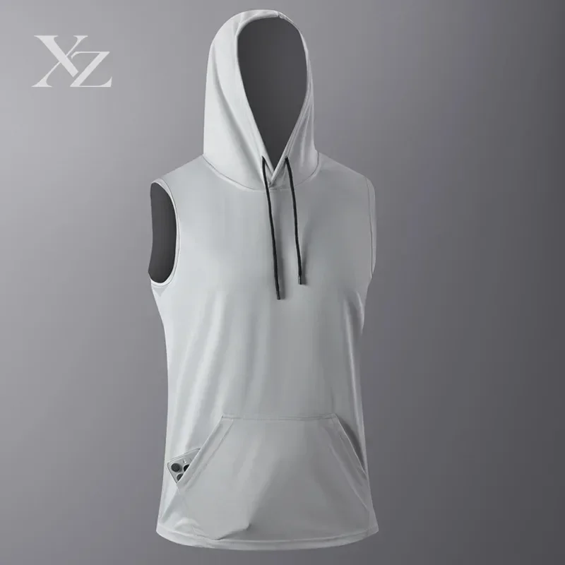 Men's Sleeveless Hooded Muscle Tank Top with Kangaroo Pocket Quick-Dry Sports Vest for Gym & Outdoor Casual Athletic Wear
