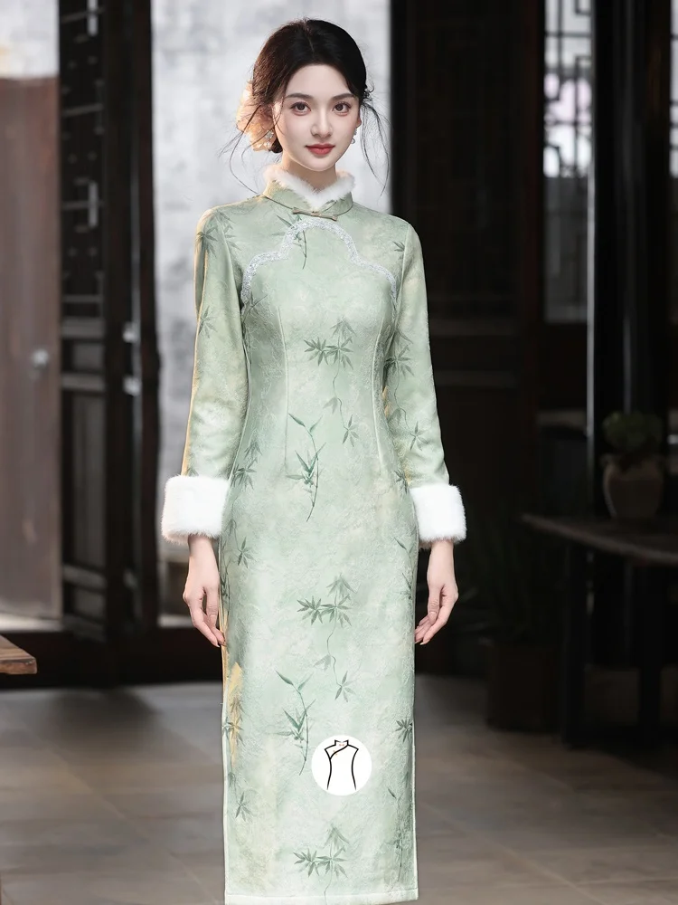 

Потрясающий китайский зимний длинный пальто-халат Dr Thiened, новогодний наряд, традиционная китайская одежда