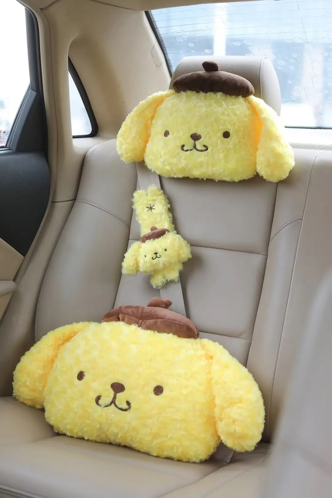 Sanrio Pompom Purin Plush Car Headrest Neck Pillow Car Seat Belt Cover Kawaii Car Head Pillow Auto Seat Belt Shoulder Pad