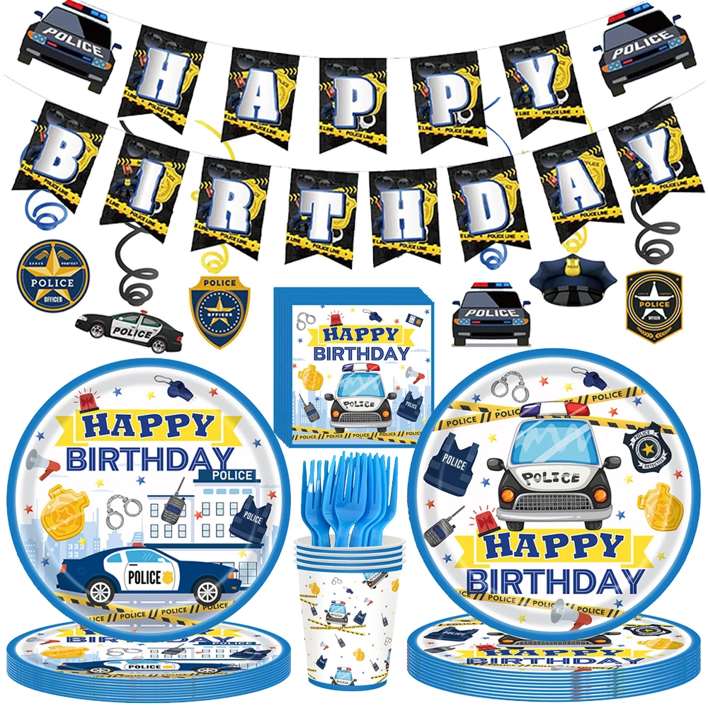 Police Theme Disposable Tableware Paper Plates Cups Napkins Banner Hanging Spiral Kids Boys Birthday Party Decor Supplies