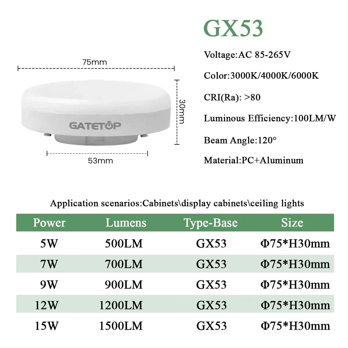 5PCS GX53 Bulb LED Spotlight Wide Voltage AC85-265V 5-15W Celing Lighting Warm White Cold Light Natural Light 3000K 4000K 6000K