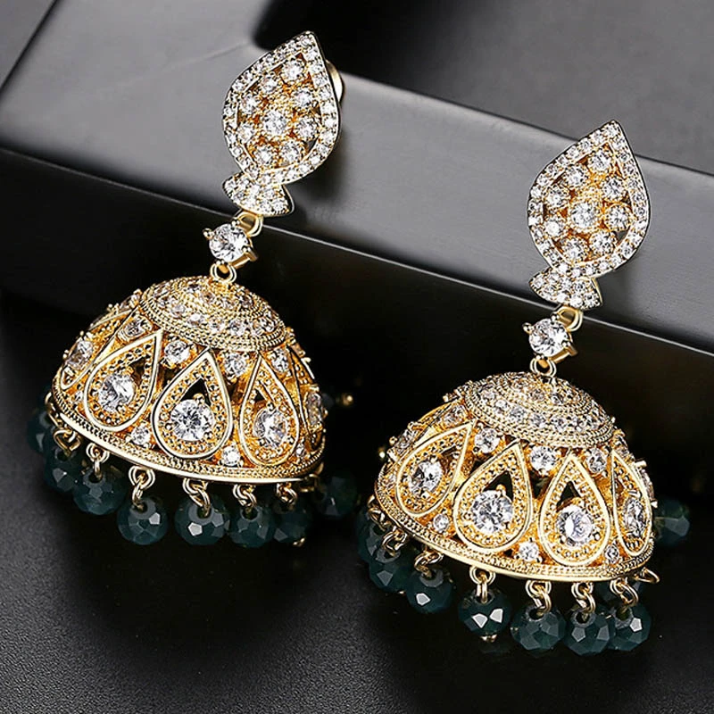 Vintage Gold Color Crystal Earrings for Women Ethnic India Jewelry Boho Bollywood Tassel Drop Dangle Jhumka Bridal Wedding Party