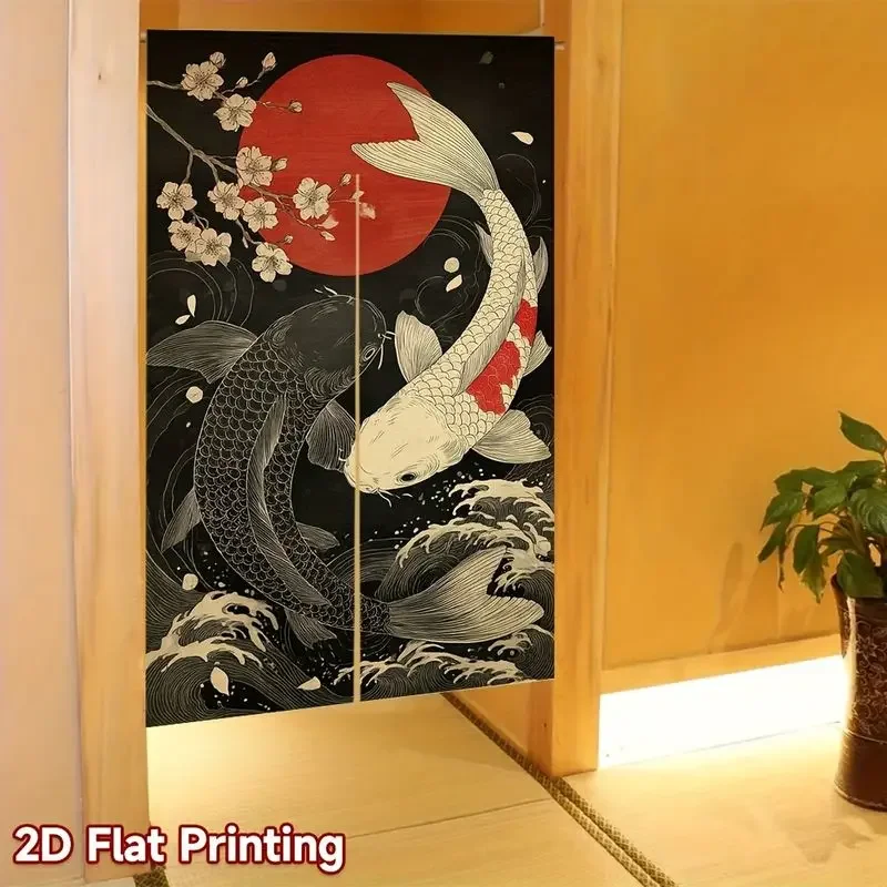VIKAMA Japanese Noren Door Curtain Black White Koi Fish Cherry Blossom Sun Wave Partition Curtain Kitchen Entrance Home Decor