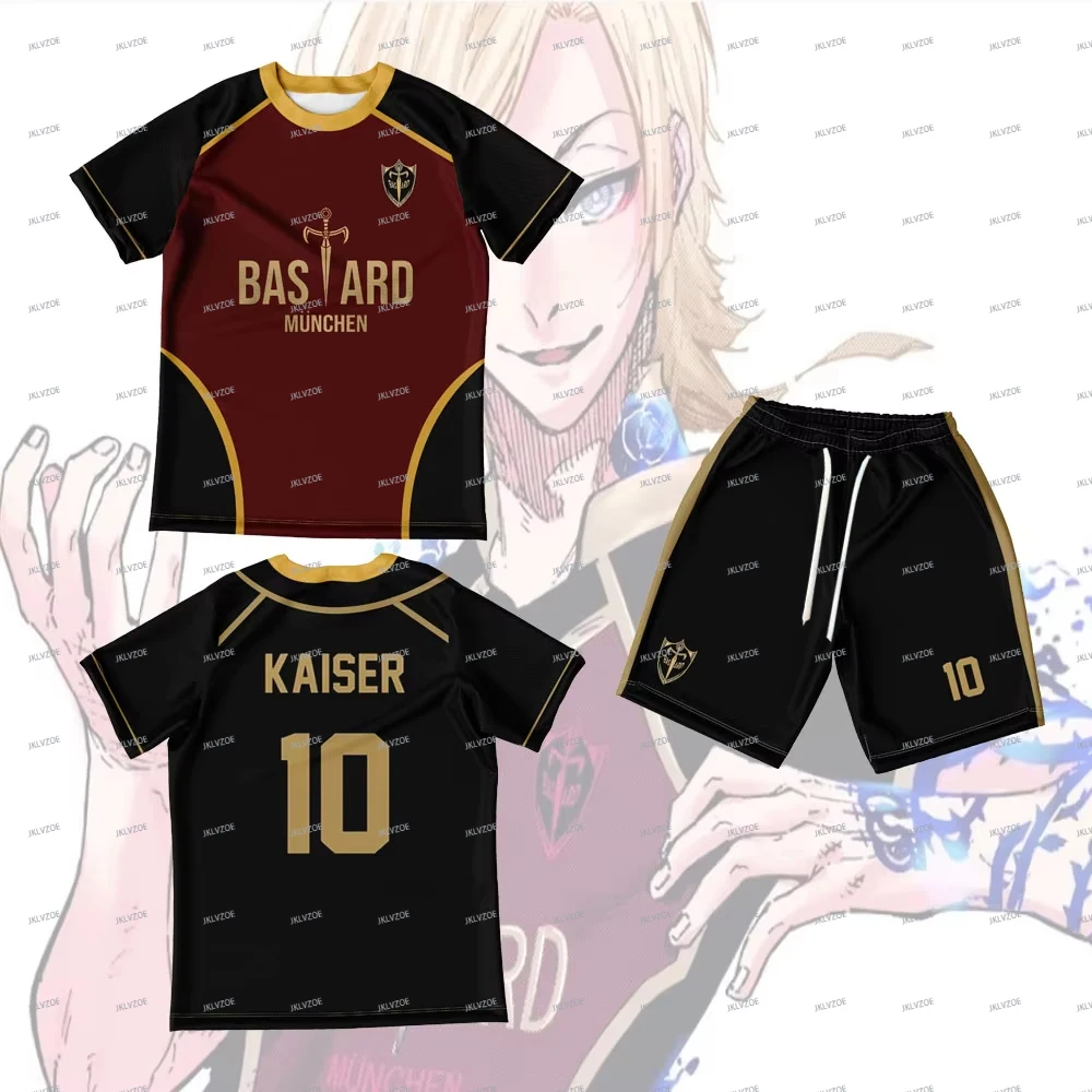 

Football Pattern Blue Lock Anime God Kurokami Rensuke Munchen Men's Short Sleeve T-shirt +Shorts Set Street Sportswear