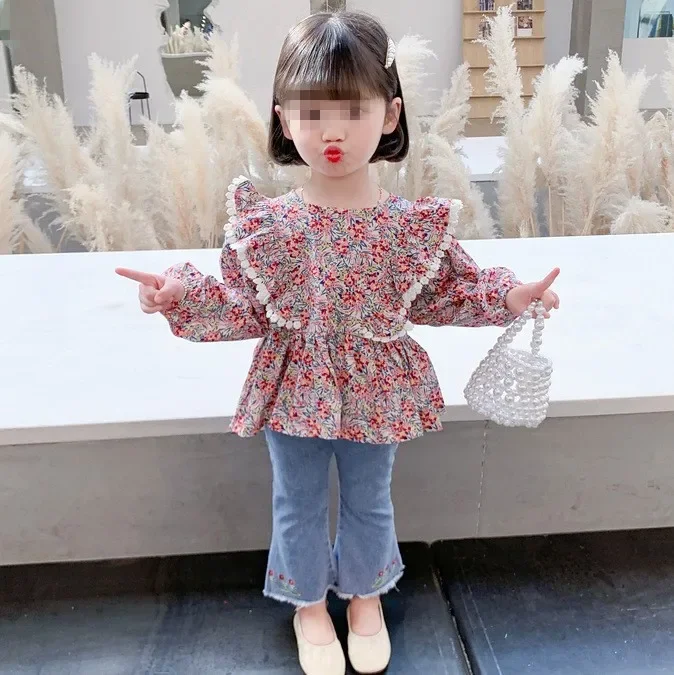 

Girl Suit 2022 New Spring Autumn Korean Fashion Style Sets Baby Girl Long Sleeve Floral Doll Shirt Solid Jeans Two Piece Suit