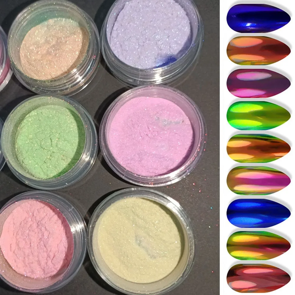 0.2g/Box Aurora Chrome Powder Mirror Effect Nail Pigment Iridescent Glitter Mermaid Rubbing Dust Highlight Chameleon Moon Powder