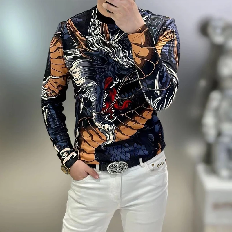 Spring Autumn Street Style Dragon Printing Fashion Sweatshirt Homme Long Sleeve Tops Men's Loose Casual Fashion All-match Tee