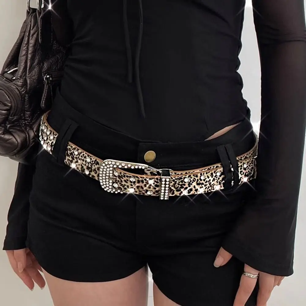 

All-match PU Leather Rhinestone Belts Leopard Print Y2K Star Belt Alloy Black Waistband Men