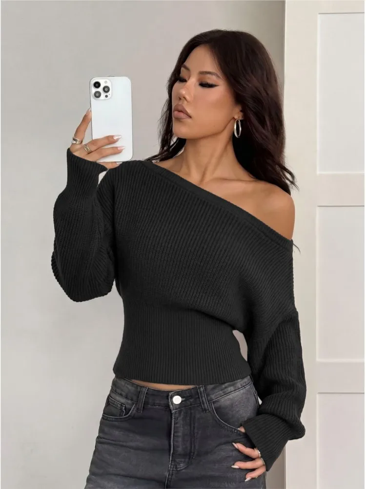 Damenbekleidung, schulterfreier Pullover mit U-Boot-Ausschnitt, sexy, langärmeliges, einfarbiges Oberteil, einfacher Stil, vielseitig kombinierbar, bequem, temperamentvoll