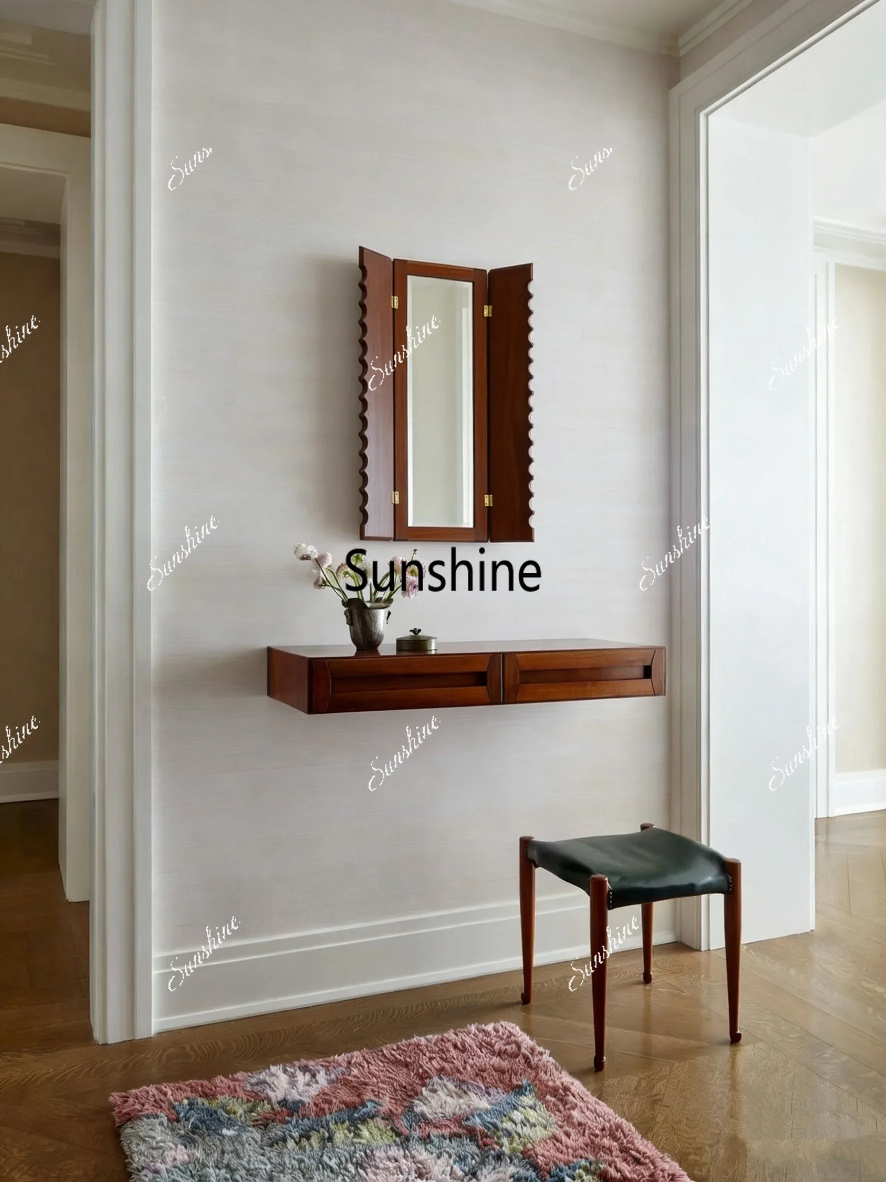YYMedieval wall-mounted solid wood makeup mirror foldable bathroom, homestay special-shaped