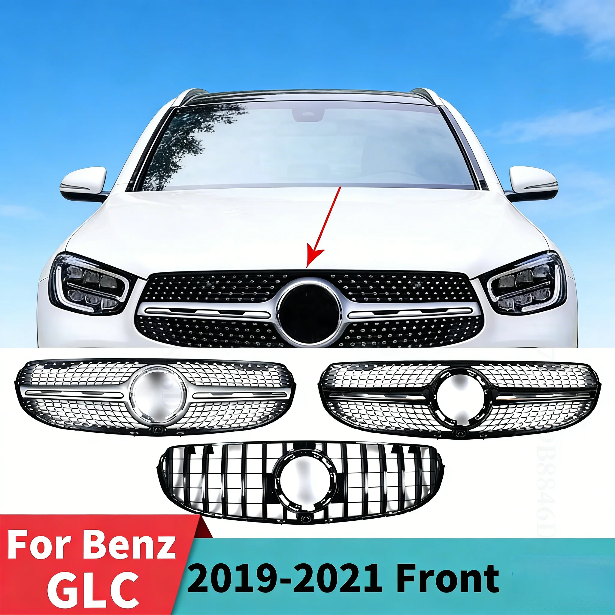 

Front Bumper Grille Hood Grill For Mercedes Benz GLC X253 200 220 300 Facelift GT Diamond Style Mesh Grid Tuning 2019 2020 2021