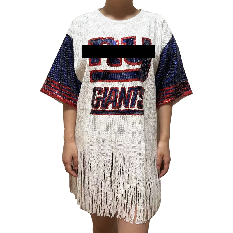 

2025 New Arrival White and Blue Fringe Giant Sequin Football Jersey For New York Fans
