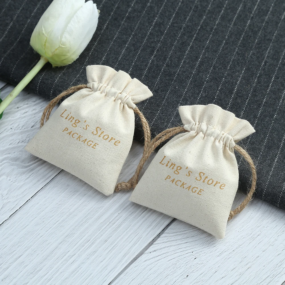 

100pcs Beige Nature Cotton Canvas Jewerly Gift Bags for Earring Necklace Personalized Logo Christmas Wedding Favor Candy Bag