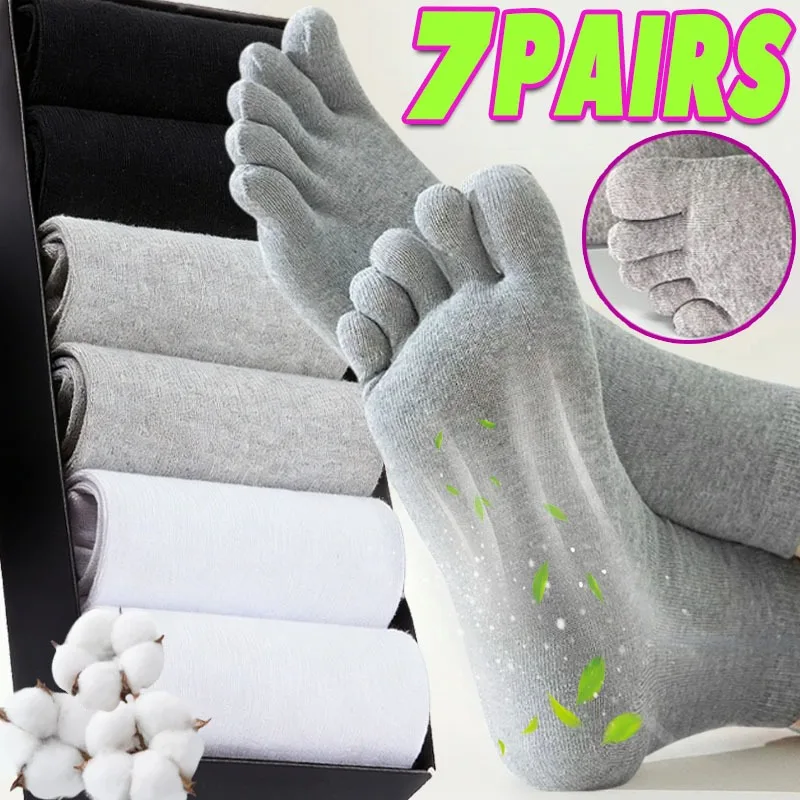 

1/7pairs Men's Cotton Five Toe Socks Medium Thickness Anti Odor Mid Calf Breathable Sport Socks
