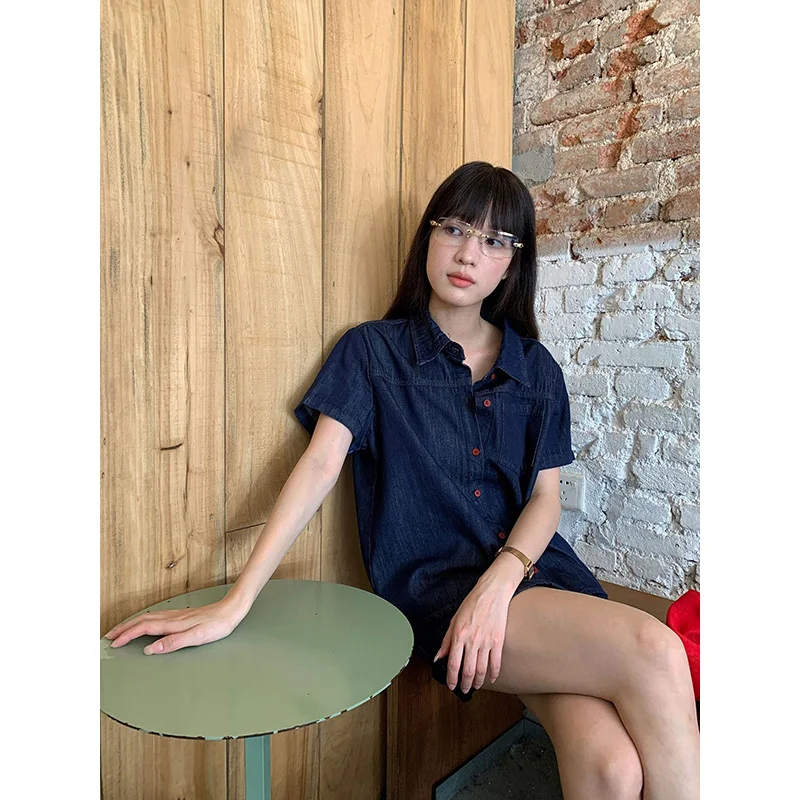 Benuynffy Retro Short Sleeved Denim Shirt Women 2026 Summer New Fashion Korean Loose Single Breasted Female Jeans Tops view 4