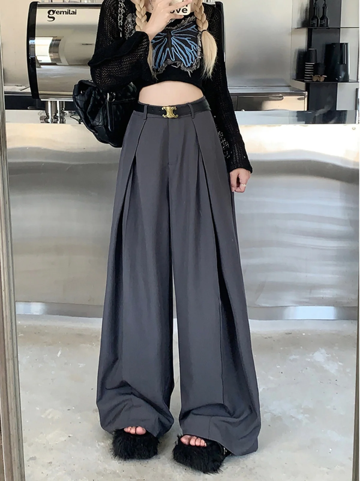 Office Suit Pants Floor Mop Pants For Women\'s Autumn Korean Version 2024 New High Waisted Design Loose Wide Leg Casual Pants