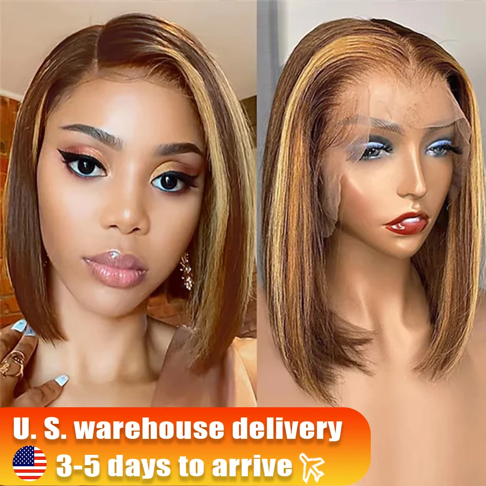 

Highlight Wig Human Hair Bob Wig Straight Short Bob Wig Colored Lace Front Human Hair Wigs Brazilian 13x6 HD Lace Frontal Wig 1