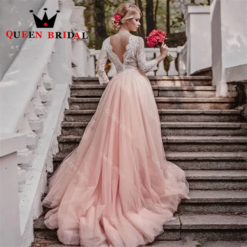Abiti da sposa eleganti a maniche lunghe con scollo a V applicazioni in pizzo senza schienale lunghezza pavimento abito da sposa abiti da sposa personalizzati S71X