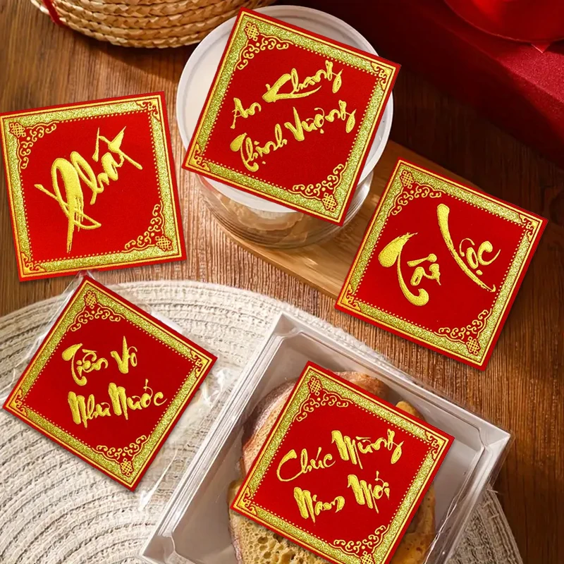 10pcs Red New Year Wall Decoration Gilding Velvet Window Stickers 2025 Chinese Spring Festival Blessing Vietnamese Text Stickers