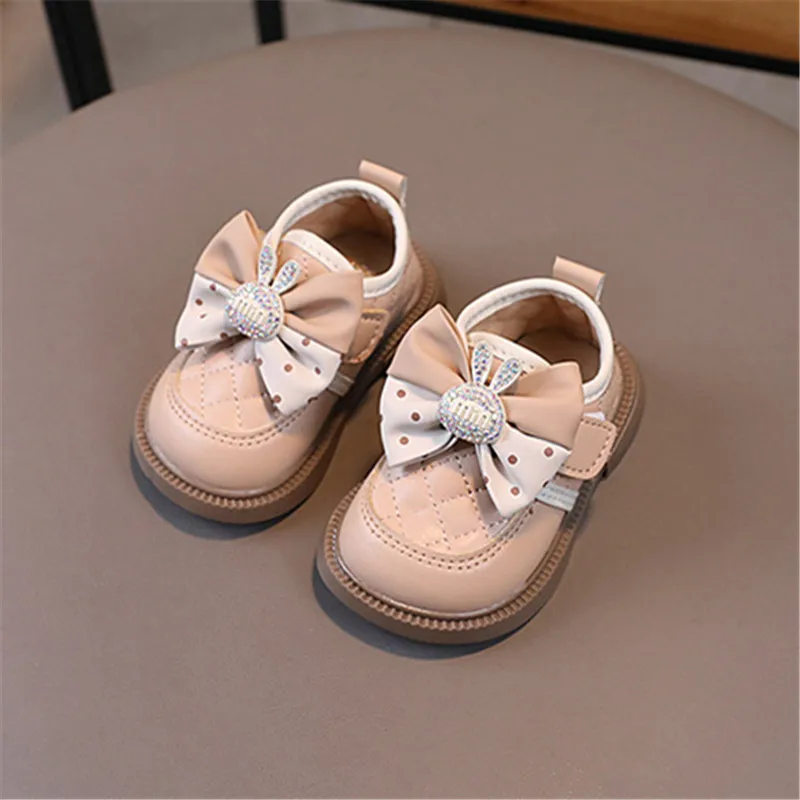 Girls Leather Shoes Sweet Rabbit Bowtie Children\'s Flats Spring Autumn Elegant Kid Causal Princess Wedding Mary Jane Shoes Soft