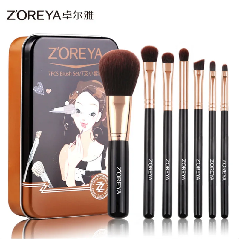 ZOREYA Herramientas de maquillaje Brocha de maquillaje de cerdas suaves Juego completo Mini brocha de maquillaje portátil de 7 piezas Juego de caja de lata