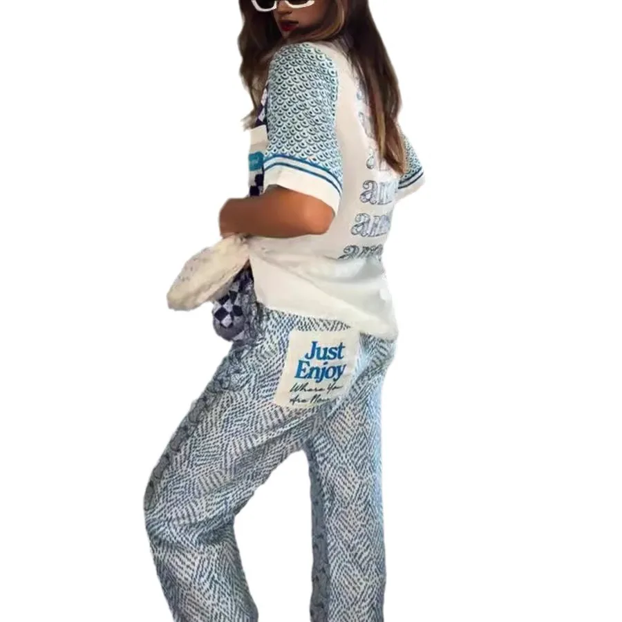 ผู้หญิงฤดูใบไม้ผลิฤดูร้อนใหม่แขนสั้นซาตินและกางเกงขายาวหลวมสบายๆชุดสูทสองชิ้น