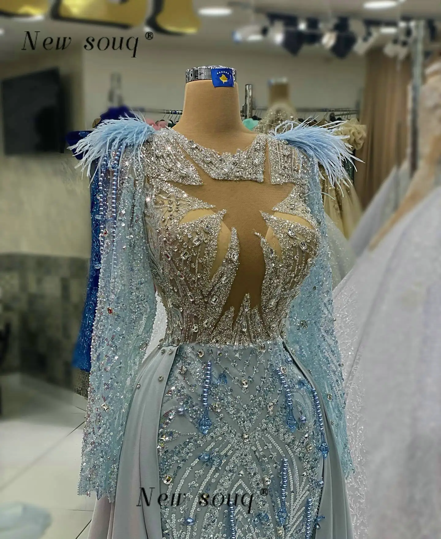 

Sparkly Sky Blue Mermaid Prom Dresses 2023 For Black Girls Glitter Sequins Feathers Dubai Birthday Party Gala Evening Gowns