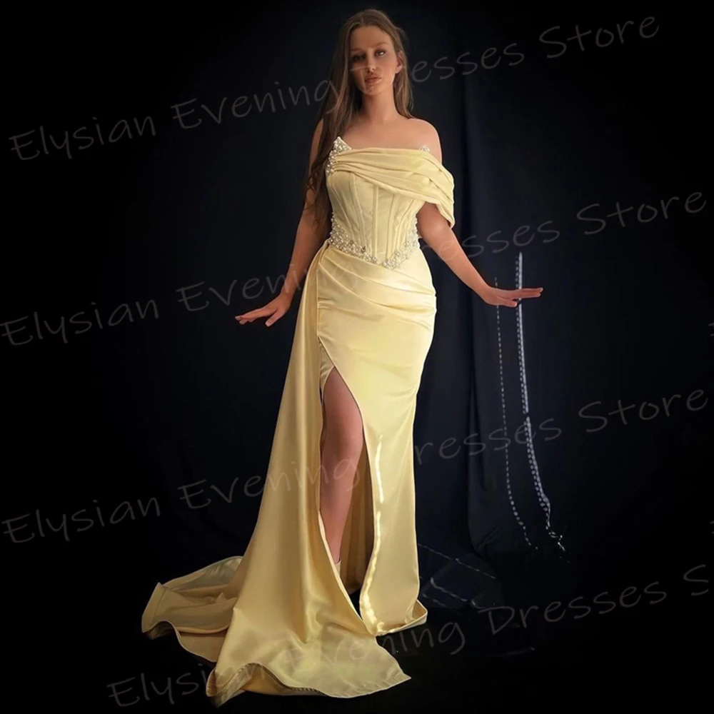 

Charming Elegant Yellow Women's Mermaid Graceful Evening Dresses Modern One Shoulder Prom Gowns Beaded Side Split Robe De Bal