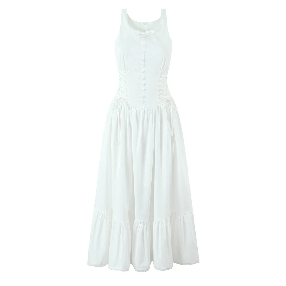 

White Waist Bandage Lace Trim Long Dress Women Summer Buttons Bow Square Collar A-line Vestidos Elegant Casual Suspender Dresses