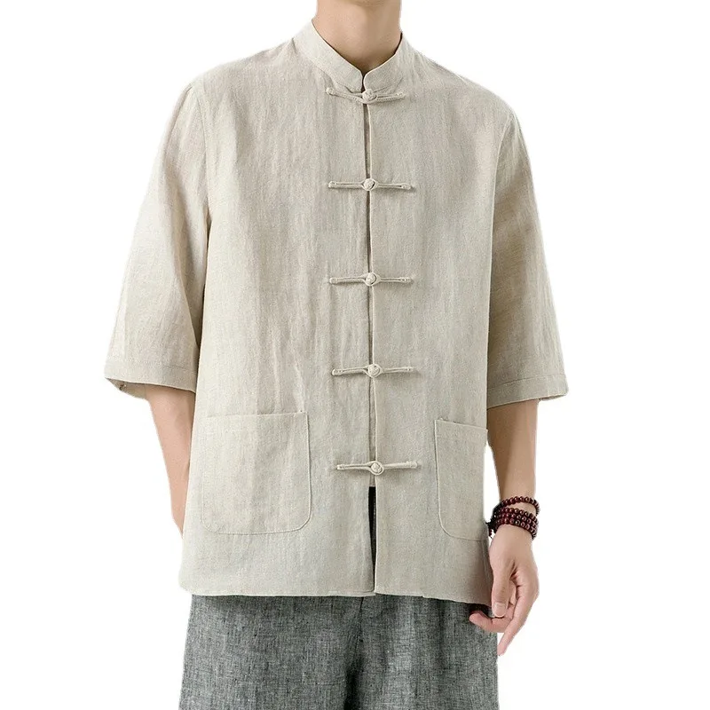 Men's Beige Linen Mandarin Collar Shirt with Frog Buttons