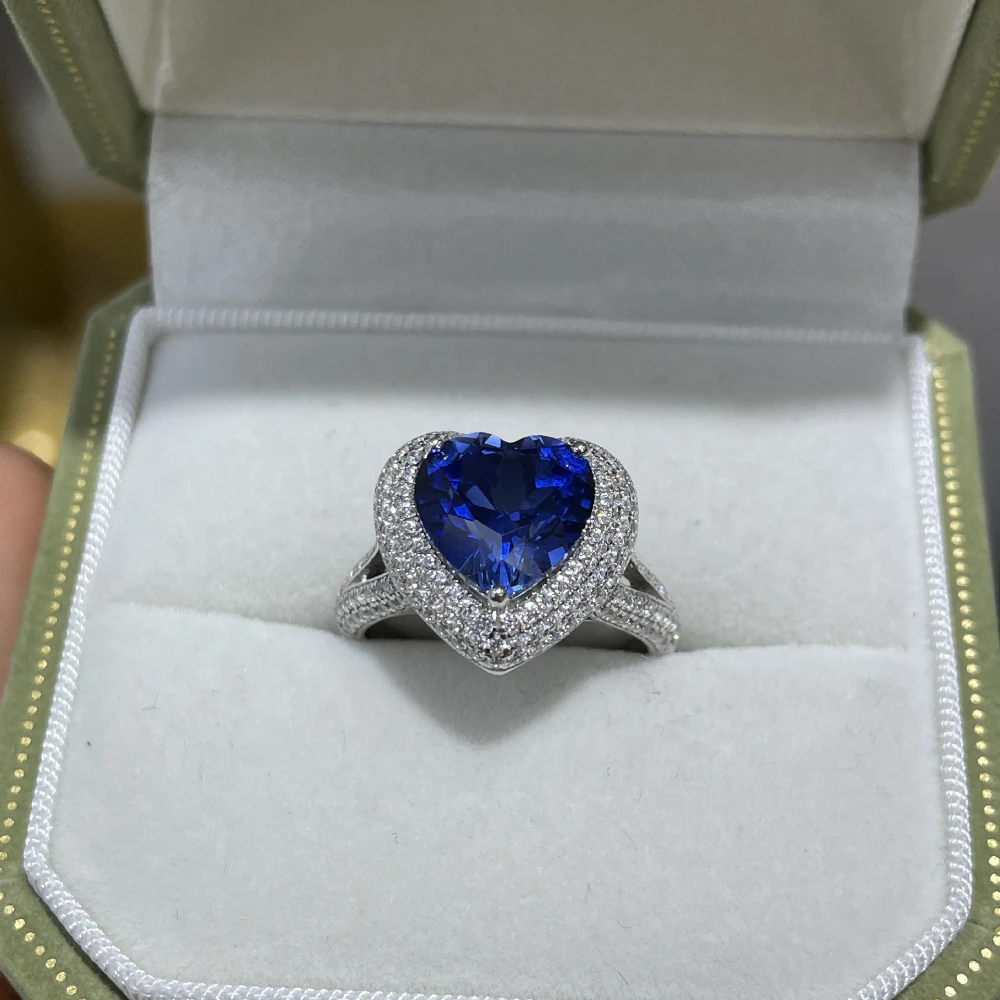 

KAMELIYA 4ct Heart Shape Lab Sapphire Ring Engagement Ring for Women Gold Plated 925 Silver Moissanite Wedding Band Fine Jewelry