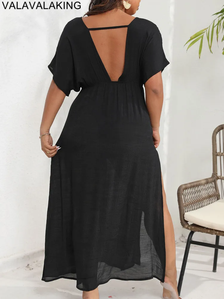 2025 Women Solid Plus Size Cove Up Short Sleeve Large Loose Big Tunic Lady Chubby Beach Dress Brazilian Mesh Swimsuit Cover-Up