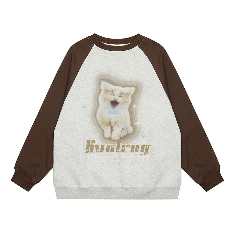 High Quality Cotton Y2K Brown Raglan Sleeve Sweatshirt for Girls Cute Cat Cartoon O-neck Hoodies Harajuku Couples Kawaii Clothes