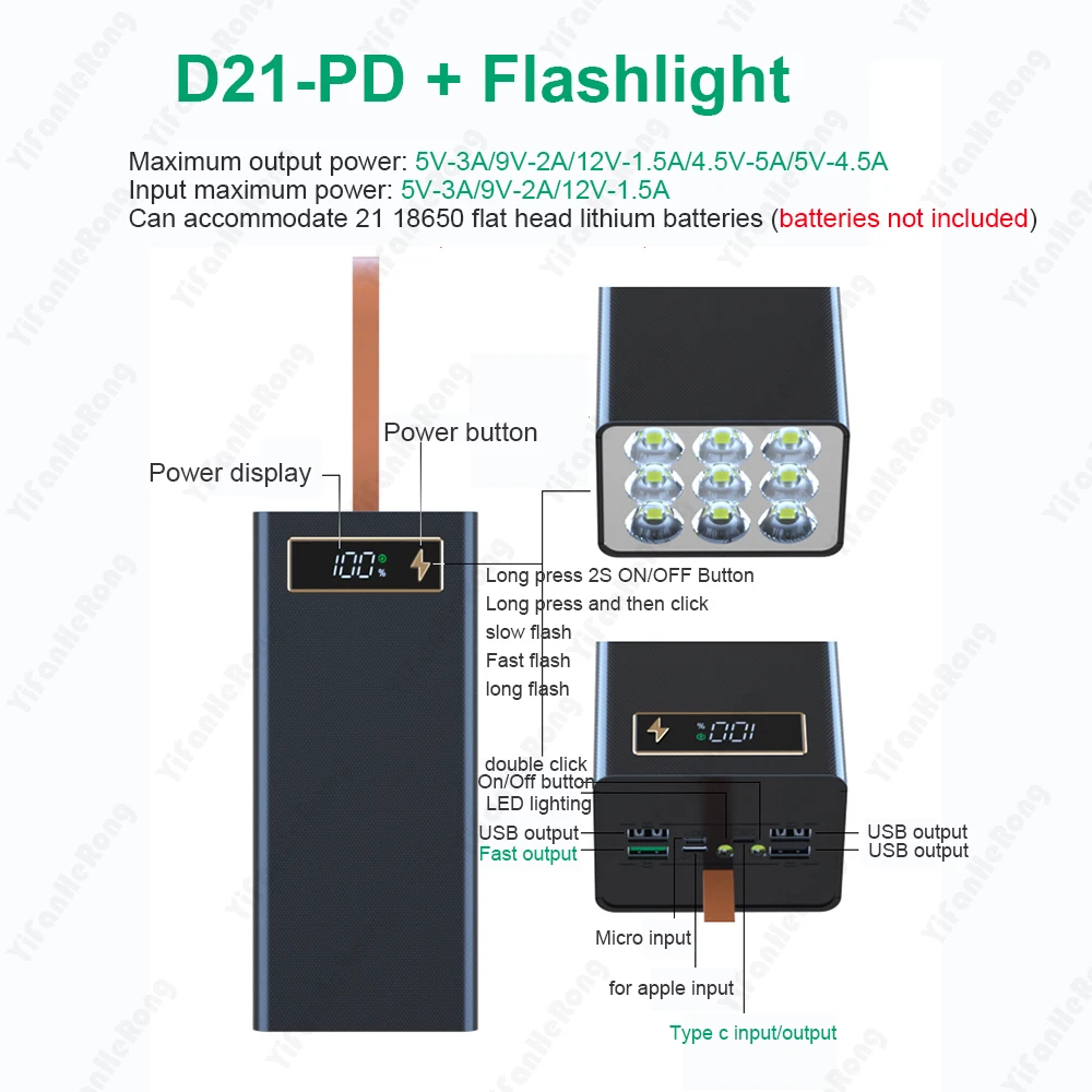 18650 Battery Power Bank Case Charger Box Holder C21 Dual USB LCD Display Support Quick Wireless Charger Battery Shell Storage