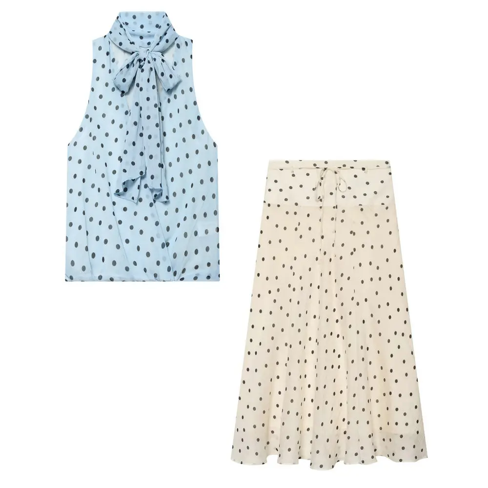 

2026 Women's European Elegant Blue Chiffon Polka Dot Halter Tank Blouse Tops Lady Vintage A-line Ruffles Lace-up Midi Skirt Sets