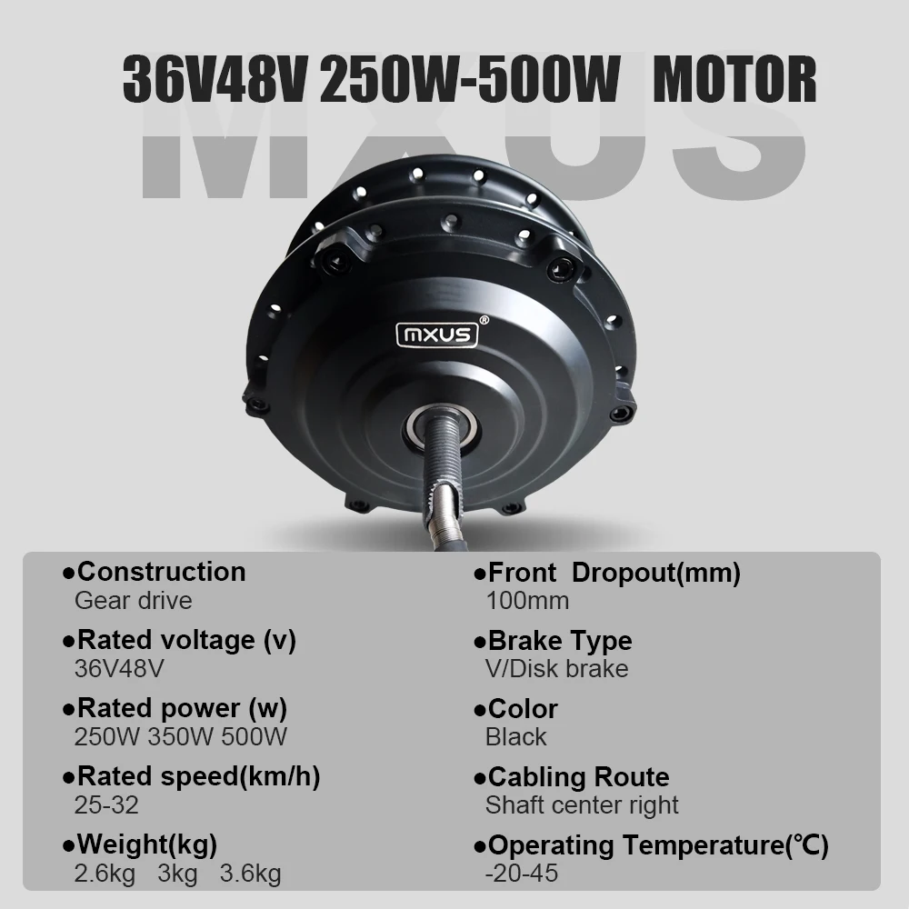 MXUS Brand Electric Bicycle Brushless Gear Hub Motor, Front Rear Wheel Drive, 250-500W, 36V,48V, XF07, XF08, XF15F, XF15R,