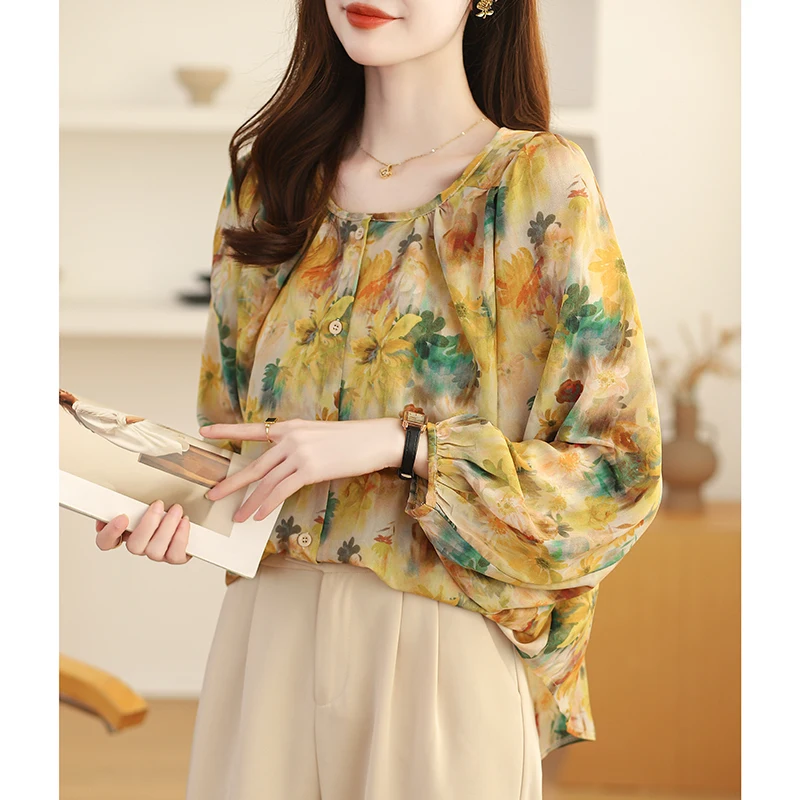 Women Summer Korean Simplicity Loose Printing Chiffon O-neck Long Sleeve Shirts Women Clothes Casual All-match Office Lady Tops