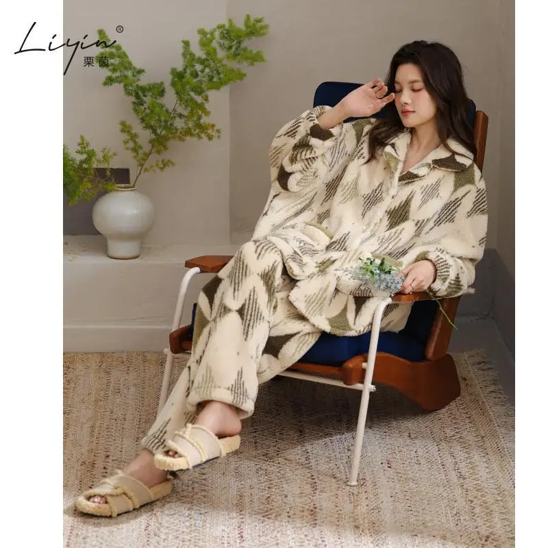 

Women's Pajama Set Comfortable Loungewear Autumn Winter Warm Sleepwear Soft Home Clothes Two-Piece Thickened Homewear for Girl
