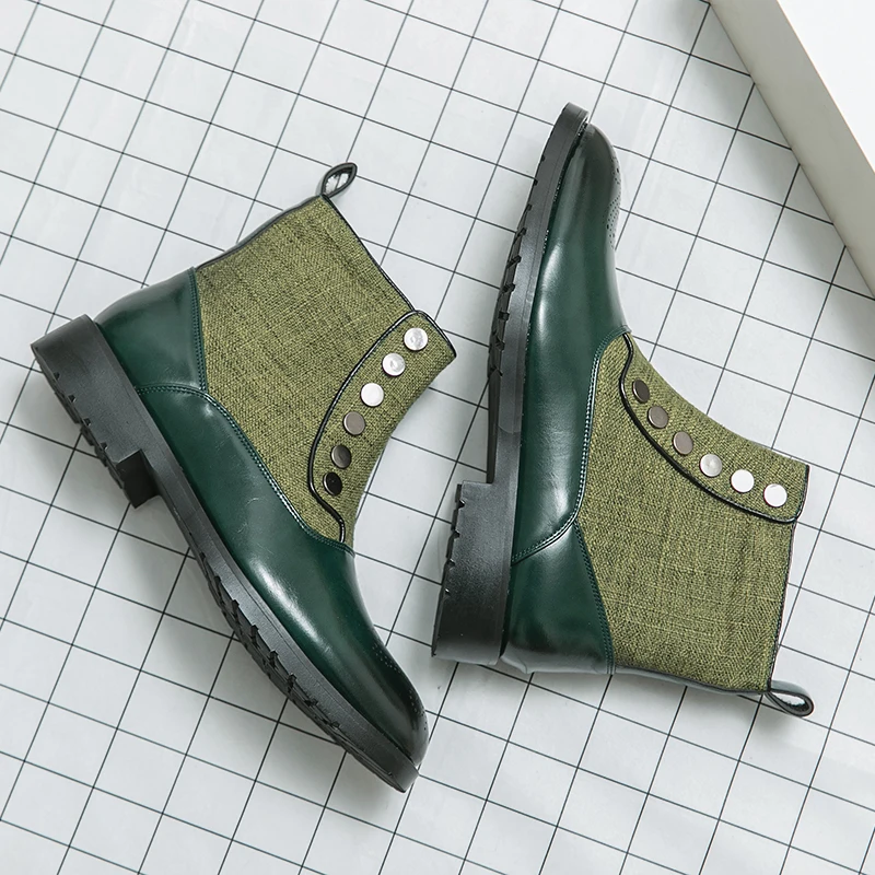 Trendy green cloth panel Chelsea boots Men\'s short boots Pointed leather shoes Versatile Casual Boots Daily Party Dress Shoes