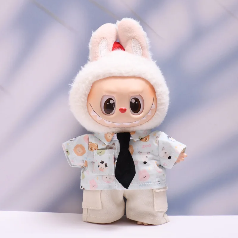 For 1st to 3rd Gen 15/17cm LABUBU Dolls Casual Tie/Cartoon Animal Party Rabbit Print Set – Playful Style Outing Outfit