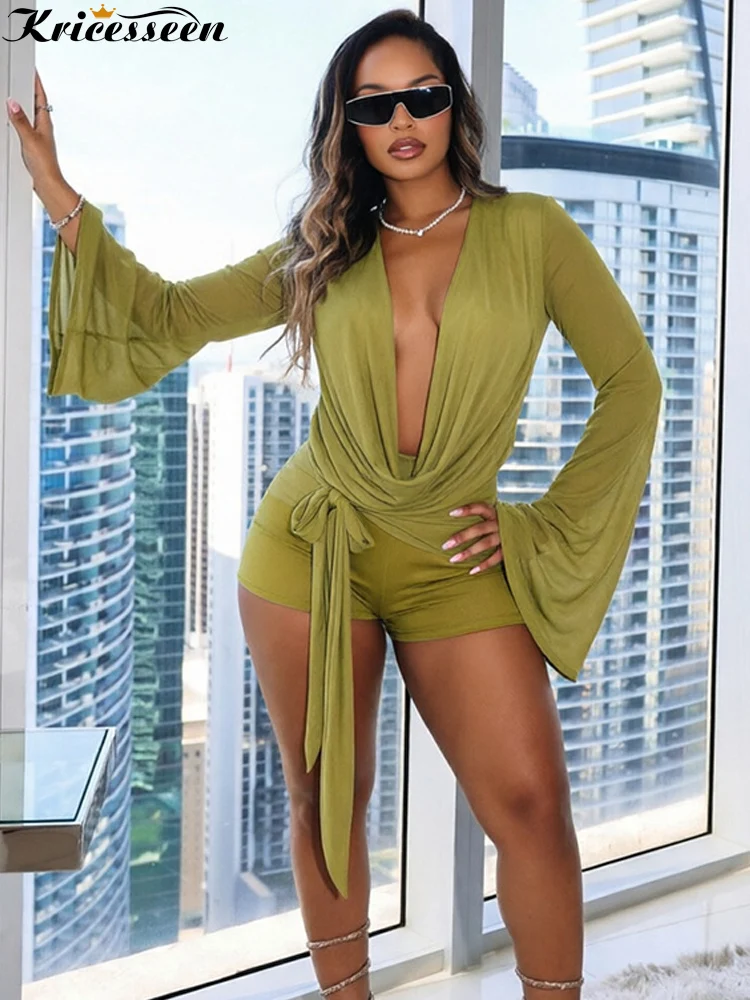 Kricesseen​ Sexy Solid Mesh Romper Women Deep V Neck Flare Long Sleeve Backless Tie Up Bodycon Playsuit Bandage Clubwear Outfits