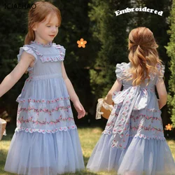 ICJAEHAO 2024 Vintage Baby Girl Dresses Sleeveless O-Neck Palace Style Princess Floral Embroidery Matching Newborn Vestidos