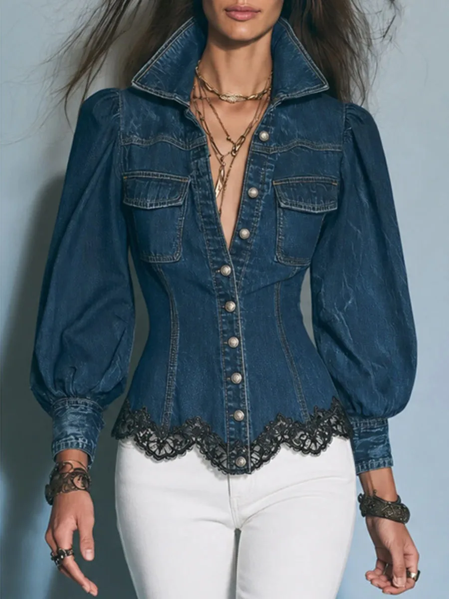 TWOTWINSTYLE Vintage Denim Shirt for Women Lapel Puff Long Sleeve Button Front Fitted Blouse Lace Hem Pocket Decorative SlimTop