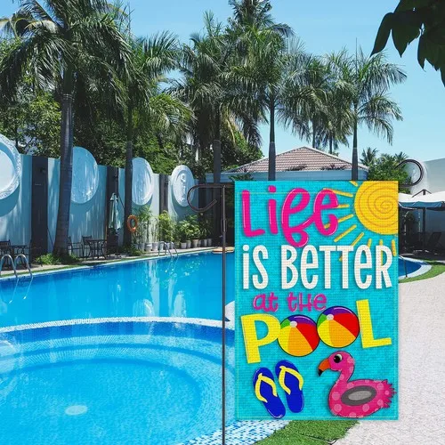Life is Better at the Pool Garden Flag Vertical Double Sided Burlap Summer Ya... XXM