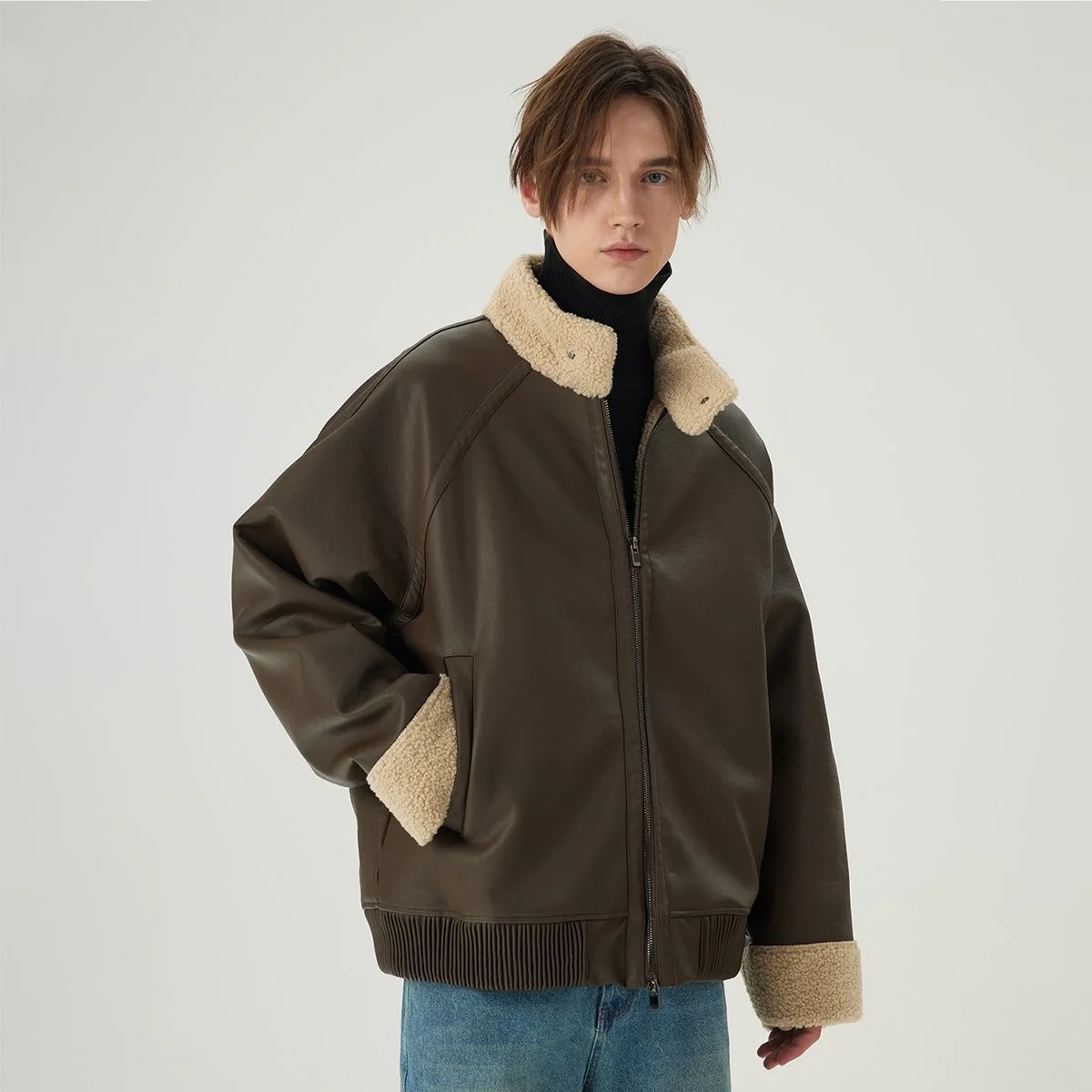 

Мужская осенняя куртка-бомбер Y2K с меховым воротником, модная повседневная спортивная куртка в университетском стиле, теплая, на шерстяной подкладке, свободного кроя