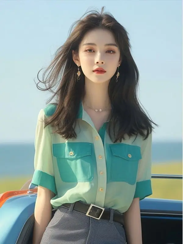 

French Chiffon Top Contrasting Color Splicing Buttons Versatile Loose Polo Collar Shirt SummerYY61