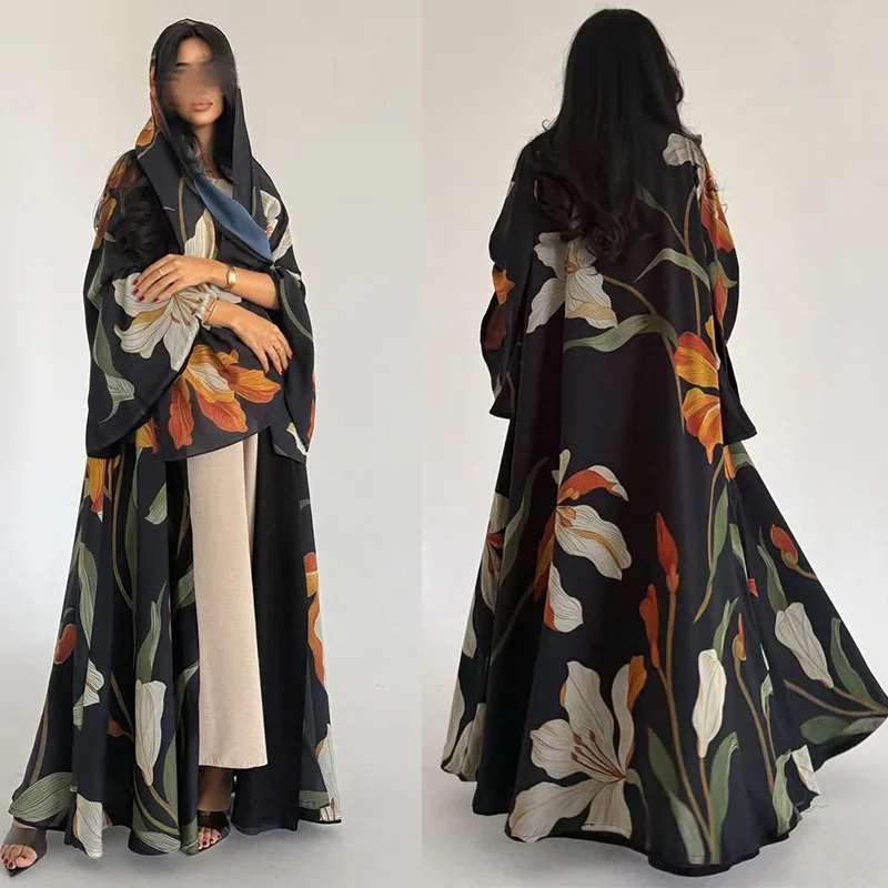 Trendy Modest Open Abaya Women Muslim Dress Floral Printed Islamic Clothing Abaya Dubai Long Robe with Headscarf
