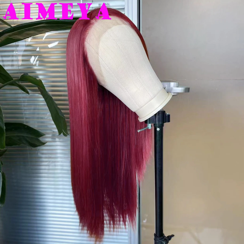 AIMEYA Burgundy Wig Long Silky Straight Synthetic Lace Front Wigs for Women Wine Red Lace Wig Daily Used Cosplay Party Hair