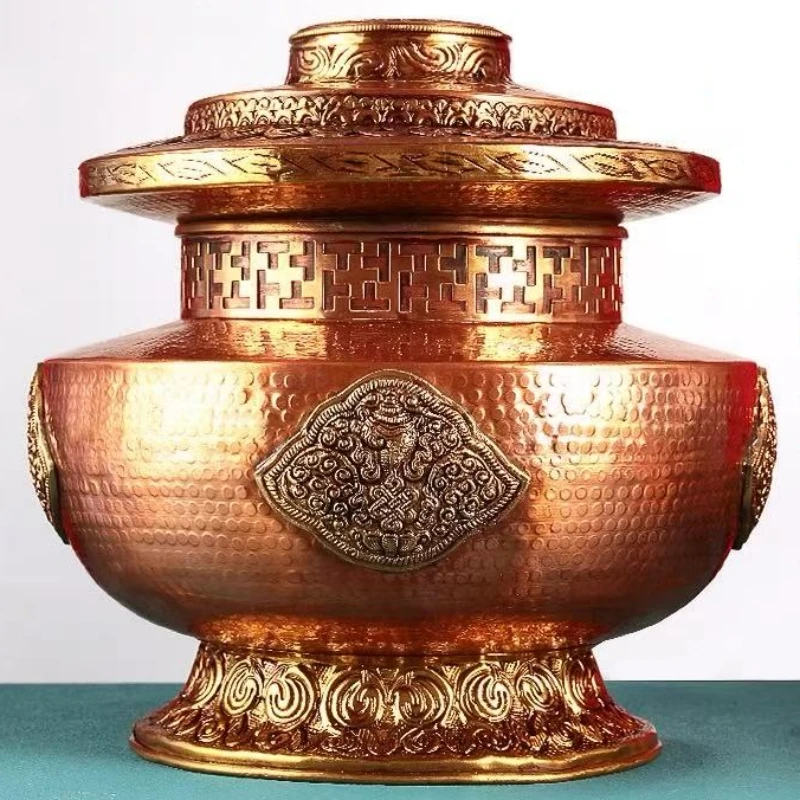 

Tibetan-Style Eight Auspicious Symbols Tsampa Box,Engraving Gelsang Flower Canister,Food Storage Jar,Buddhist Item Decorative